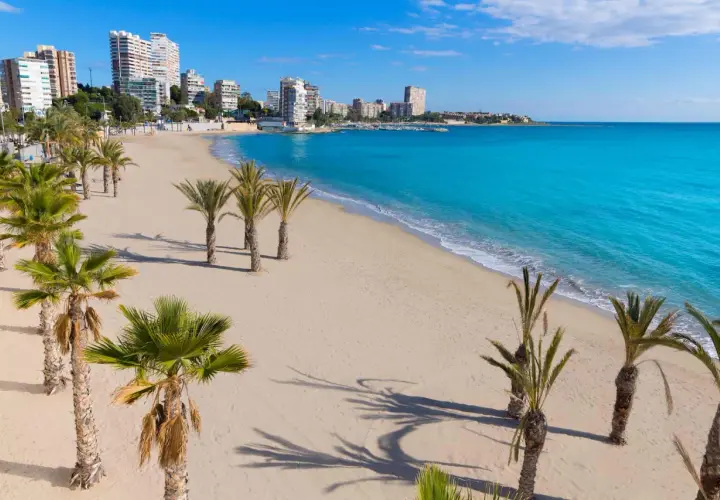 La **playa de Altea** se extiende con arena dorada y palmeras. El mar Mediterráneo, de un azul turquesa intenso, baña la costa, mientras edificios modernos se alzan al fondo.