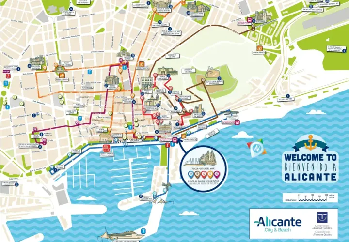 Mapa turístico de Alicante con rutas señalizadas, destacando el castillo, museos y el casco antiguo (alicante altstadt).