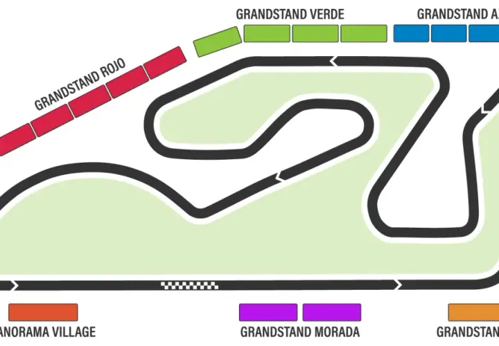 Mapa del circuito Ricardo Tormo con gradas de colores: Blanca, Roja, Verde, Azul, Amarilla, Naranja, Morada y Panorama Village.