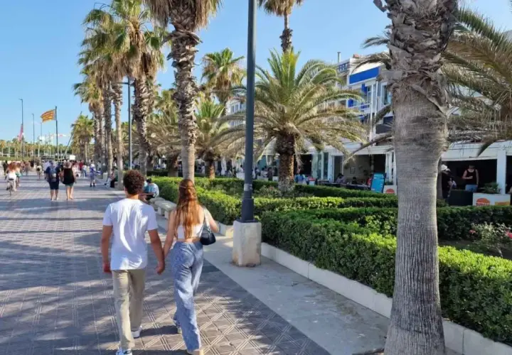 Pareja paseando por el paseo marítimo de Valencia, con palmeras, gente y edificios al fondo.