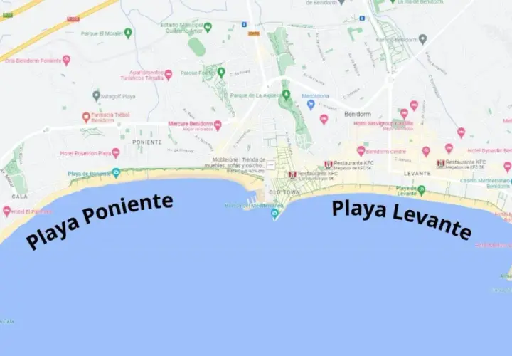 Mapa de Benidorm mostrando la Playa de Poniente y la Playa de Levante, la mejor playa de Benidorm.