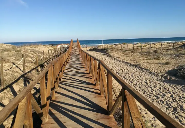 Pasarela de madera que conduce a la playa del campo, con dunas y el mar azul al fondo.