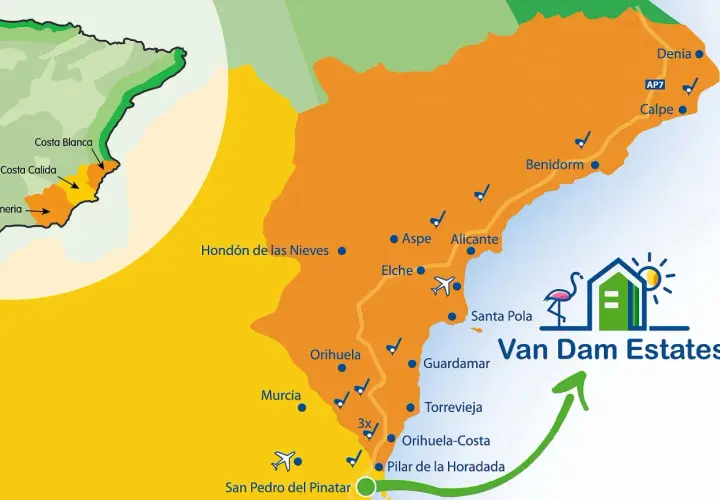 Mapa de la costa blanca, mostrando Denia, Calpe, Benidorm, Alicante, Elche, Torrevieja y otras localidades.