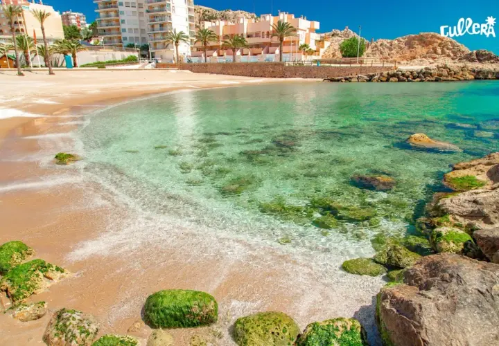 Aguas cristalinas y arena dorada en la cullera playa, con edificios y palmeras al fondo.
