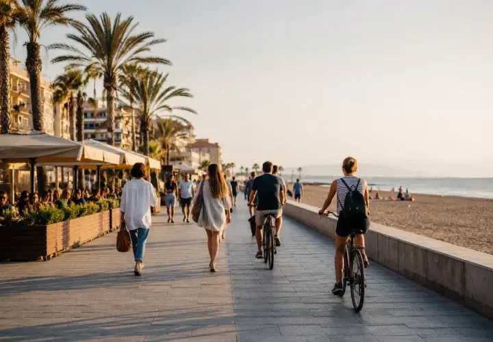 Gente pasea y monta en bicicleta por el paseo marítimo de la playa de la Patacona al atardecer, con palmeras y edificios al fondo.