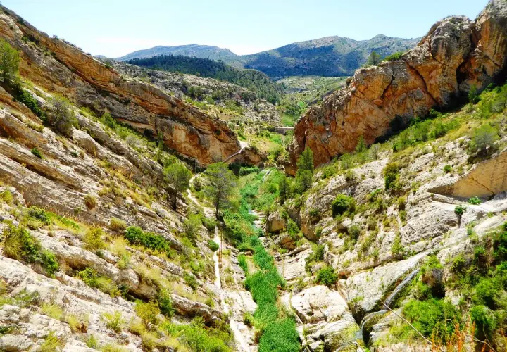 Un cañón rocoso con vegetación exuberante y un río serpenteante. El **pantano de Tibi** se revela en su esplendor natural, con formaciones geológicas impresionantes y un cielo azul claro.