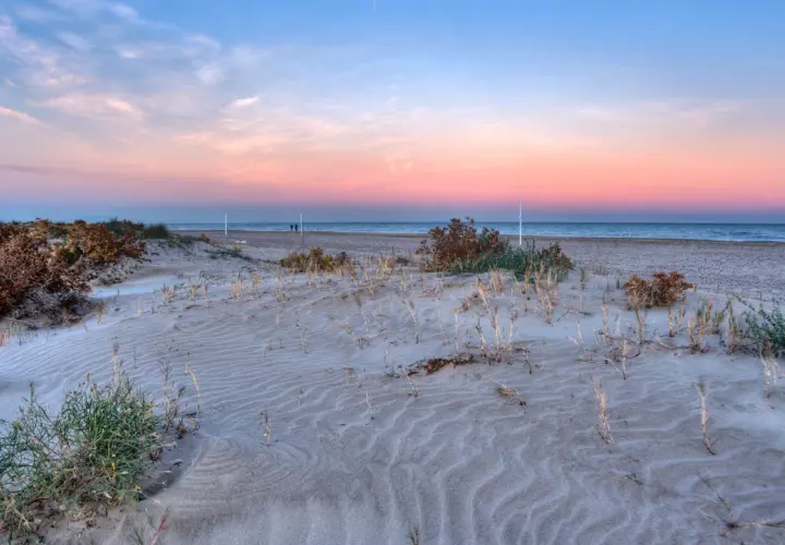 Dunas de arena con vegetación escasa en la **playa Almarda** al atardecer, con el mar y un cielo rosado de fondo.