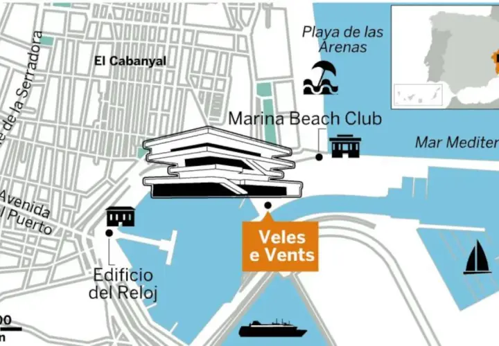 Mapa de Valencia: El Cabanyal, Playa de las Arenas, Marina Beach Club y el edificio Veles e Vents junto al Mar Mediterráneo.