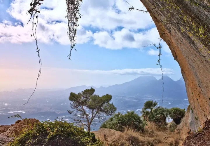 Vista desde el Forat de Bernia, con vegetación colgante y un paisaje montañoso al fondo.