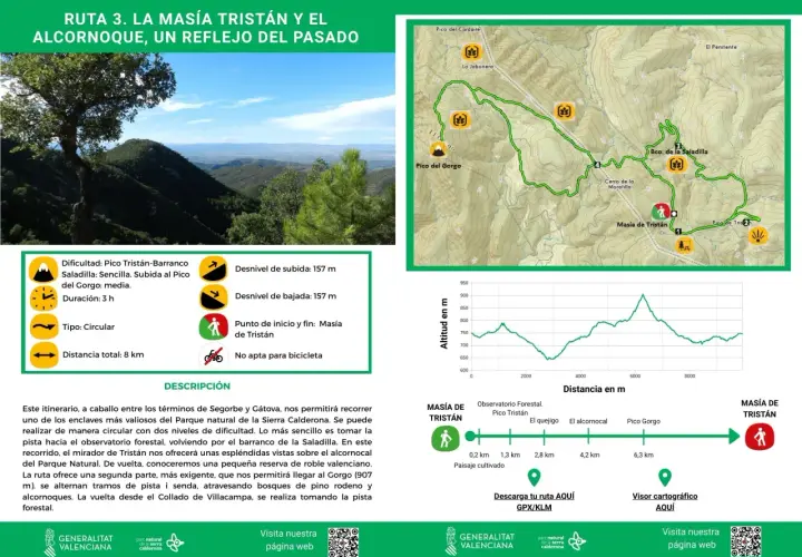 Ruta circular de 8 km en la Sierra Calderona, con inicio en Masía de Tristán. Ofrece vistas del alcornocal y paisajes de roble valenciano.