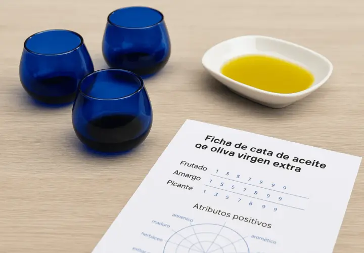Ficha de cata de aceite de oliva virgen extra con vasos azules y aceite en una cuenco.