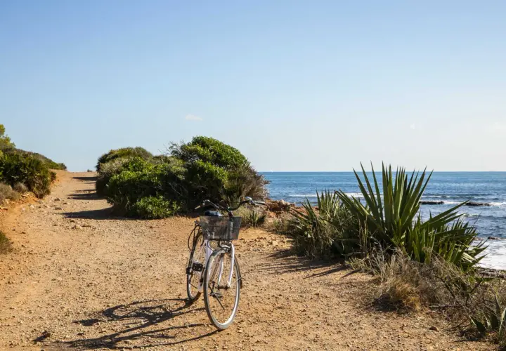 Bicicleta blanca en un camino de tierra junto al mar. El sol ilumina la escena, creando sombras alargadas. Parece que la renega ha dejado su bici para disfrutar de la brisa marina.