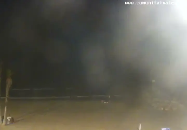 La webcam Patacona muestra una playa nocturna con palmeras y el mar. La imagen está algo borrosa.