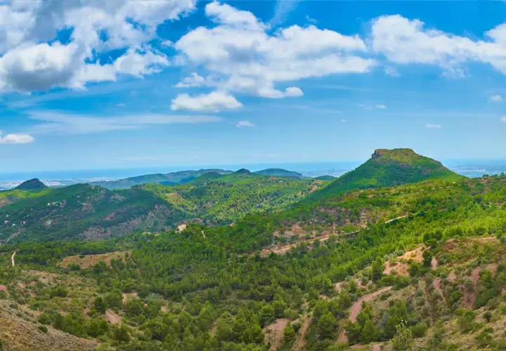 Paisaje montañoso verde con el mar al fondo. Ideal para camping en la Sierra Calderona.