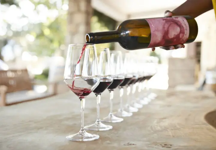 Una persona sirve vino tinto en copas para una degustación en Valencia.