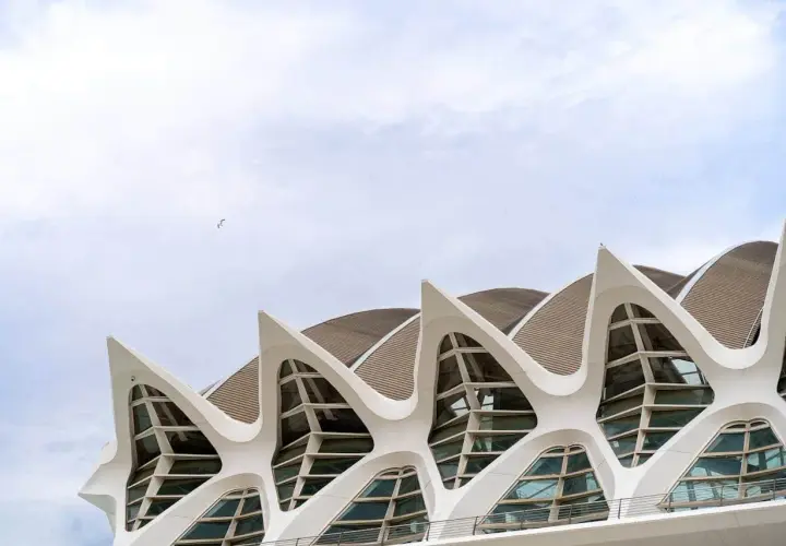 El Museo de las Ciencias de Valencia, con su arquitectura futurista y sus ventanas en forma de ojo, se alza bajo un cielo nublado.
