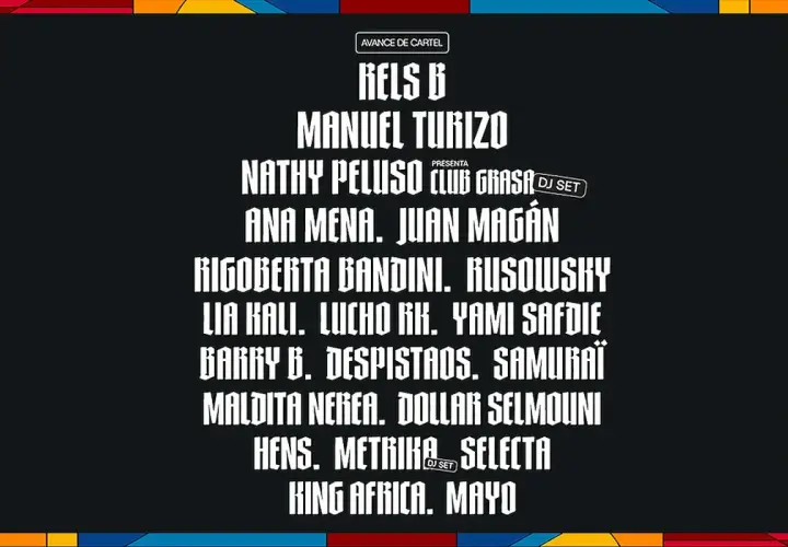 Cartel de festival con nombres de artistas como Rels B, Manuel Turizo y Nathy Peluso. ¡Prepárate para un big sound valencia!