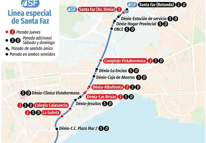Mapa de la línea especial de Santa Faz, con paradas y horarios. Ideal para la romería.