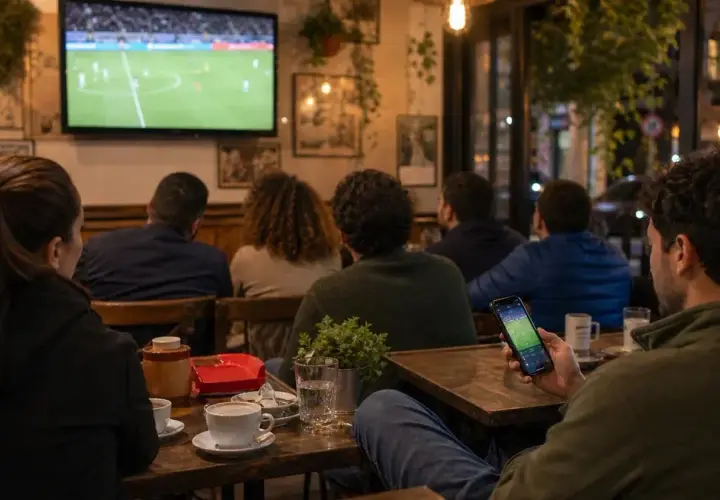Aficionados viendo fútbol en un café y consultando contenido desde el móvil