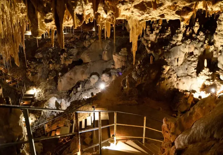 Interior de la cueva del Rull, con estalactitas colgando del techo y formaciones rocosas iluminadas. Escaleras y barandillas guían el recorrido.