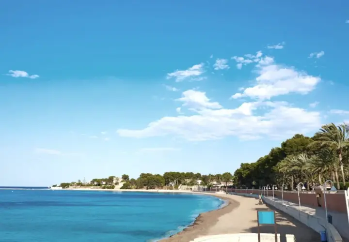 La playa de la Marineta Casiana, con su arena dorada y aguas turquesas, invita a un paseo tranquilo bajo un cielo azul salpicado de nubes. Palmeras y pinos bordean el paseo marítimo.