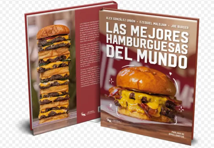 Libro "Las Mejores Hamburguesas del Mundo" con una torre de hamburguesas y una hamburguesa individual. ¡Un festín para los amantes de la hundred burger!
