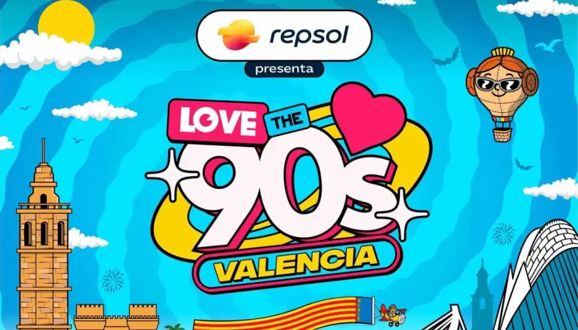 Cartel vibrante de "Love the 90s Valencia" con el logo de Repsol. Incluye siluetas de edificios valencianos, un globo aerostático y una bandera.