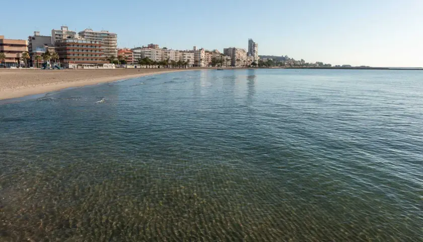 El mar Mediterráneo baña la arena dorada de la playa Levante en Santa Pola, con edificios modernos y palmeras al fondo.