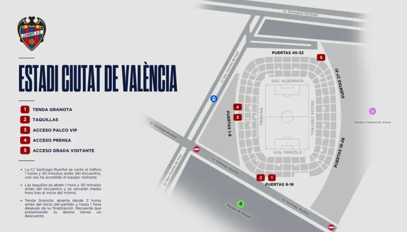 Mapa del **Estadi Ciutat de València** con accesos: tienda, taquillas, VIP, prensa y grada visitante. Incluye información de horarios.