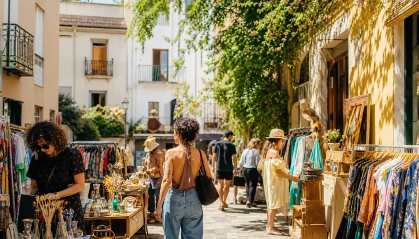 Gente comprando ropa y objetos decorativos en un animado rastro de Valencia, bajo la sombra de árboles frondosos.