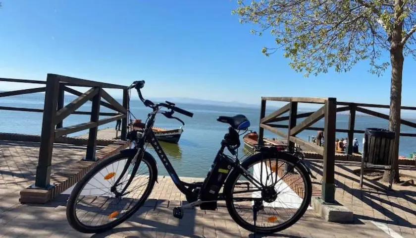Bicicleta eléctrica lista para recorrer el carril bici de Valencia junto a la Albufera.