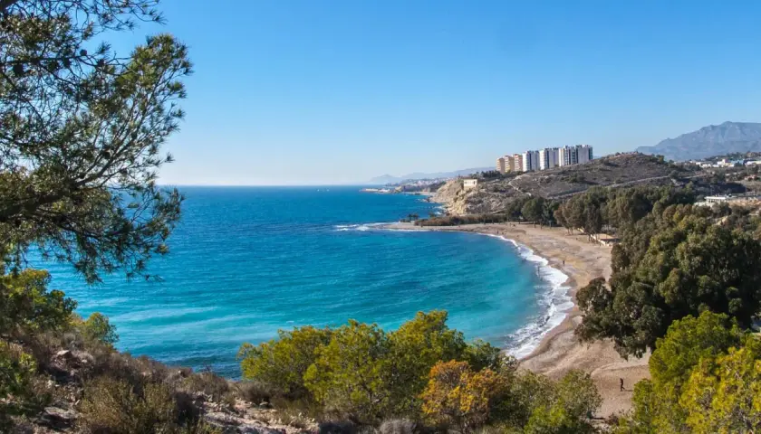 Vista panorámica de la playa del Torres, con aguas turquesas, arena, árboles y edificios en la colina.