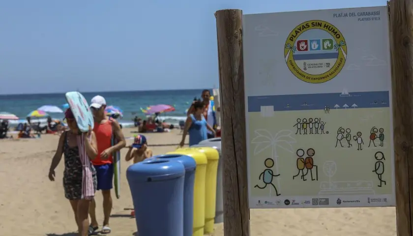 Cartel en la playa de El Carabassí, Alicante, indica "Playas sin humo". Familias disfrutan del sol y el mar.