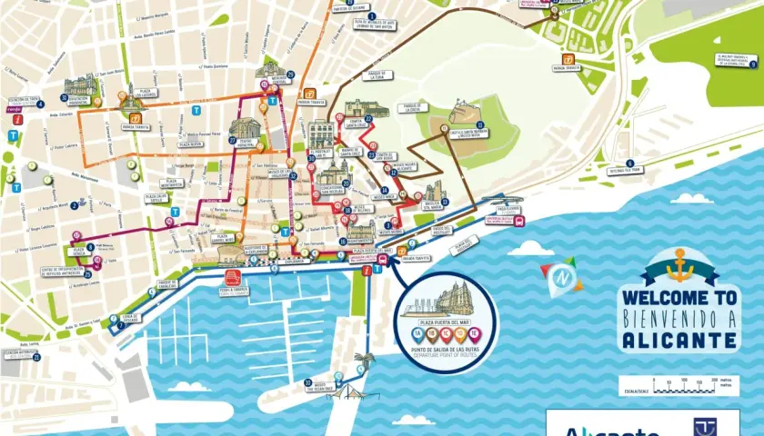Mapa turístico de Alicante con rutas señalizadas, destacando el castillo, museos y el casco antiguo (alicante altstadt).