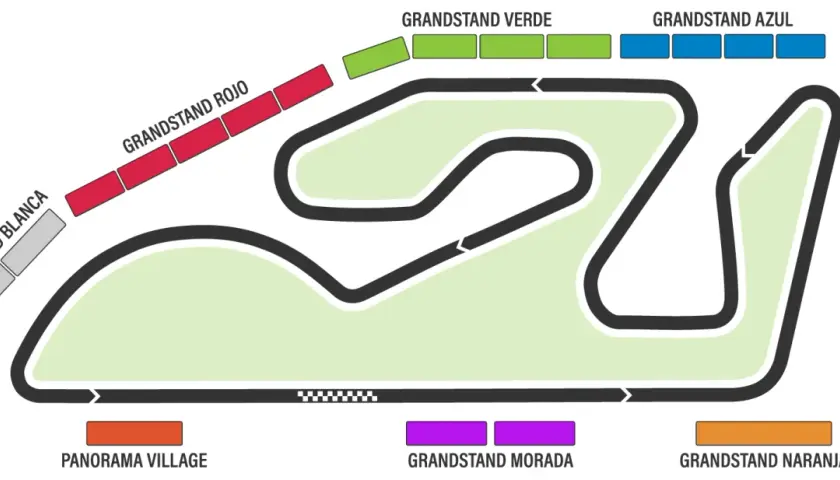 Mapa del circuito Ricardo Tormo con gradas de colores: Blanca, Roja, Verde, Azul, Amarilla, Naranja, Morada y Panorama Village.