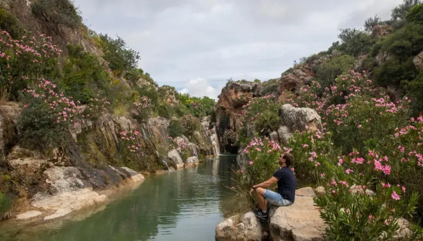 Hombre sentado junto a un río en un cañón con flores rosas. Un lugar perfecto para excursiones cerca de Valencia.