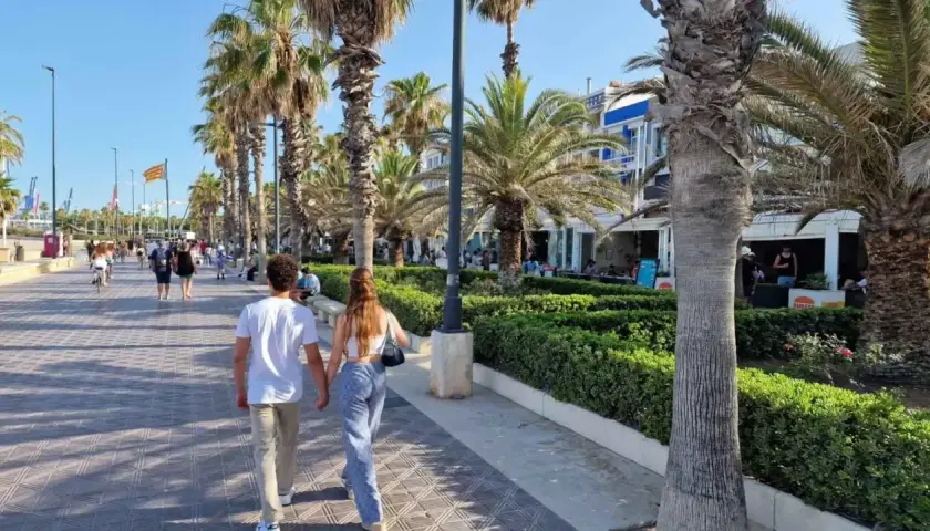Pareja paseando por el paseo marítimo de Valencia, con palmeras, gente y edificios al fondo.