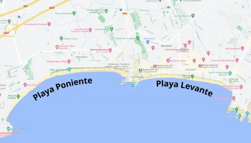 Mapa de Benidorm mostrando la Playa de Poniente y la Playa de Levante, la mejor playa de Benidorm.
