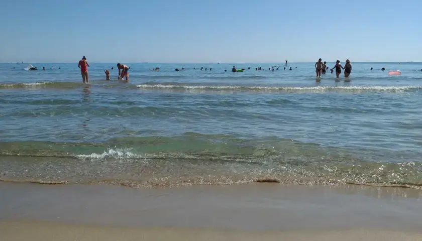 Gente disfrutando del mar y la arena en les palmeretes. El agua cristalina y el cielo azul invitan a un día perfecto.