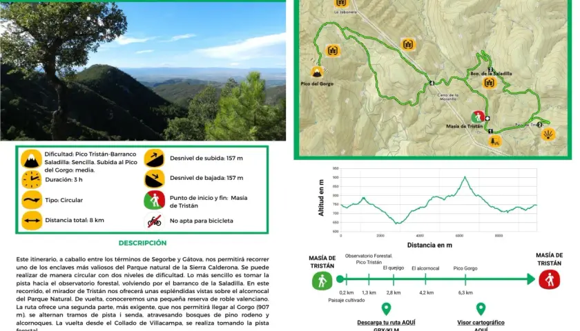 Ruta circular de 8 km en la Sierra Calderona, con inicio en Masía de Tristán. Ofrece vistas del alcornocal y paisajes de roble valenciano.