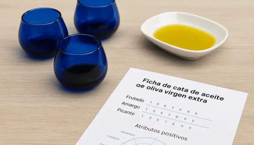 Ficha de cata de aceite de oliva virgen extra con vasos azules y aceite en una cuenco.