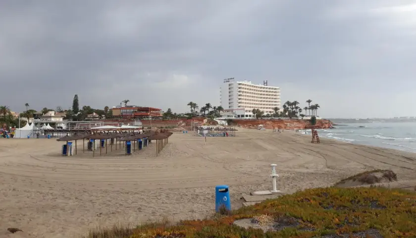 Playa con sombrillas y tumbonas preparadas. Al fondo, un hotel blanco y edificios costeros. El mar se ve tranquilo bajo un cielo nublado. Un día perfecto para disfrutar de la cala del bosque.