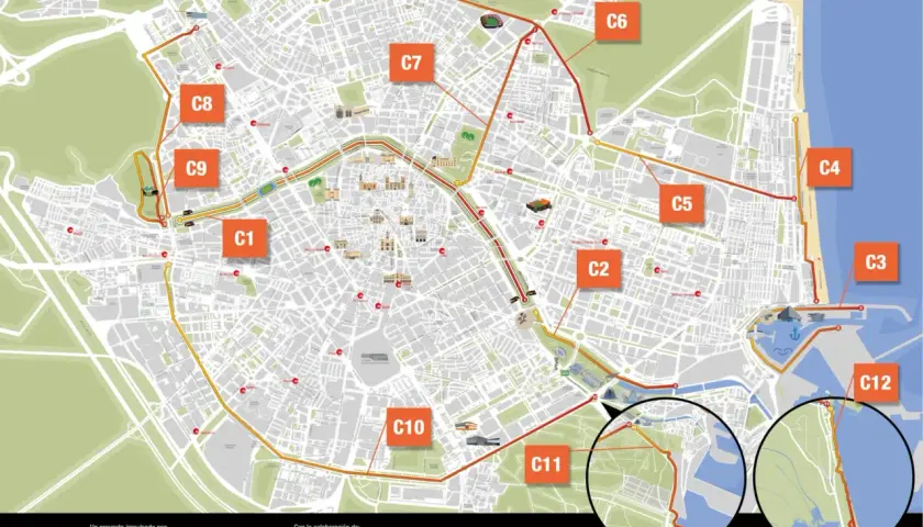 Mapa de rutas ciclistas y peatonales en el Jardín del Turia, Valencia. Señala diferentes sectores (C1-C12) y puntos de interés.