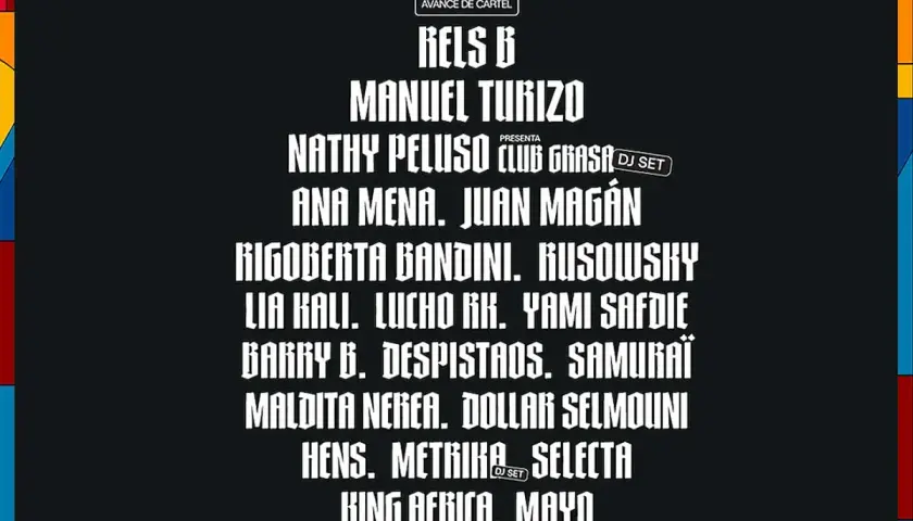 Cartel de festival con nombres de artistas como Rels B, Manuel Turizo y Nathy Peluso. ¡Prepárate para un big sound valencia!