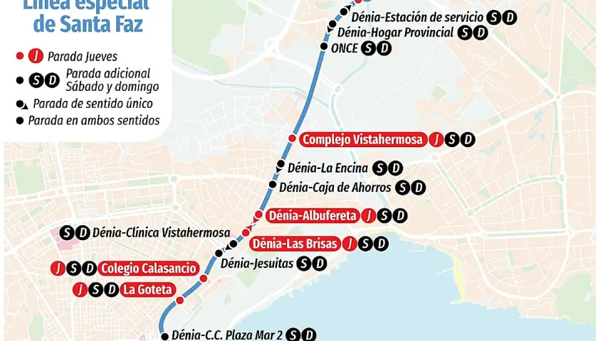 Mapa de la línea especial de Santa Faz, con paradas y horarios. Ideal para la romería.