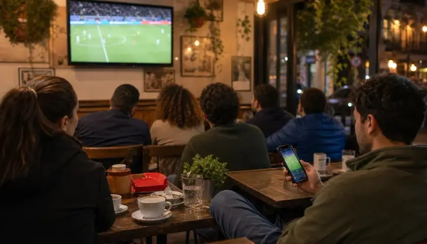 Aficionados viendo fútbol en un café y consultando contenido desde el móvil