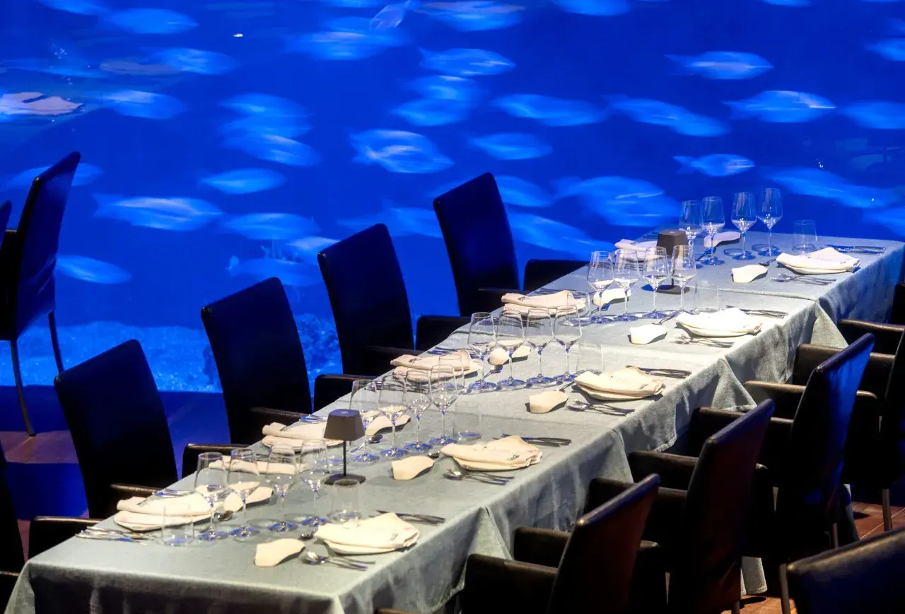 Mesa puesta para cena en el Oceanogràfic, con sillas negras y un acuario de peces de fondo. ¿Dónde comer en el Oceanogràfic? Opiniones.