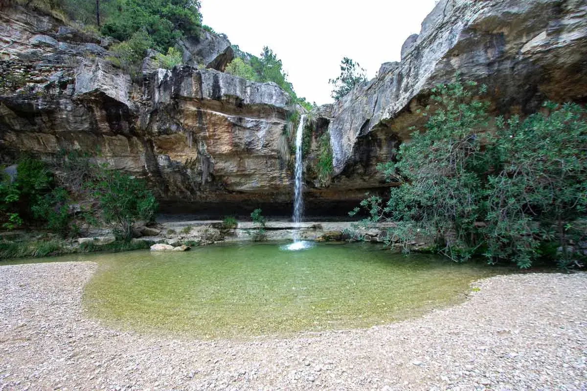Cascada cayendo en **charcos de quesa** de agua cristalina, rodeada de rocas y vegetación exuberante.
