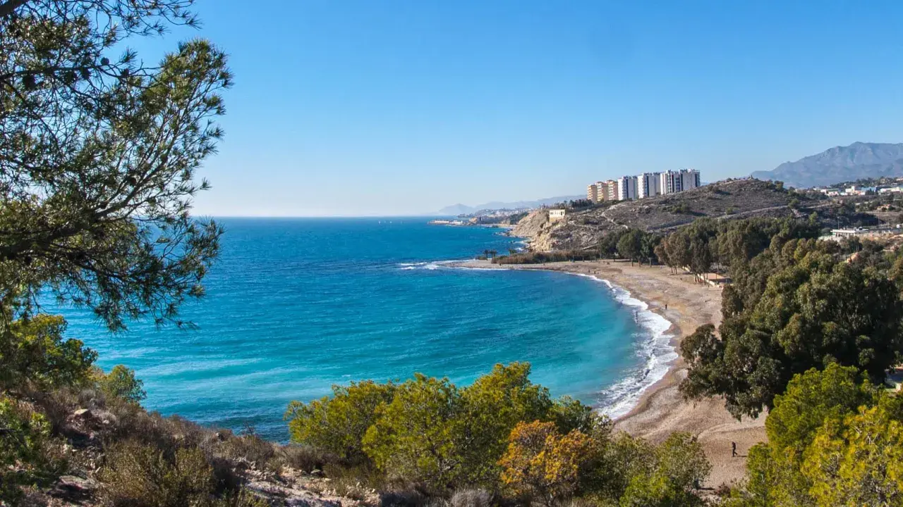 Vista panorámica de la playa del Torres, con aguas turquesas, arena, árboles y edificios en la colina.