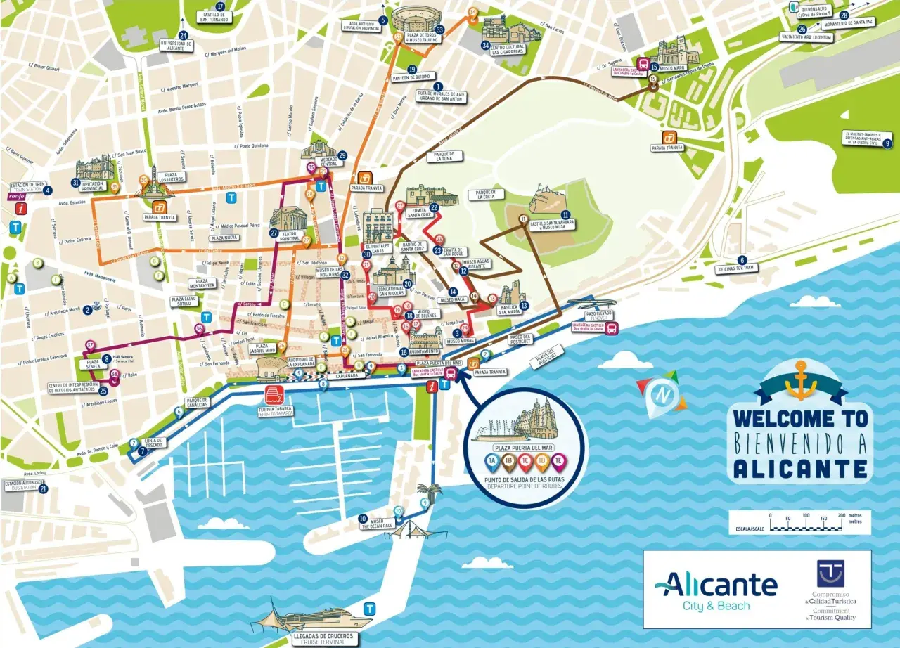 Mapa turístico de Alicante con rutas señalizadas, destacando el castillo, museos y el casco antiguo (alicante altstadt).